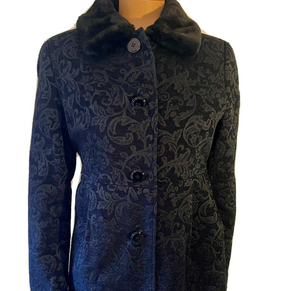 Gallery Black Brocade Coat with Faux Fur Collar